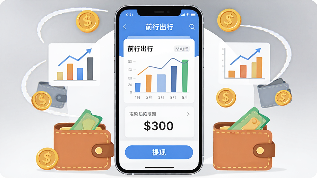 一张AI生图,主体为手机屏幕展示“前行出行”收益统计页面,布局为手机正面居中,周围环绕金币、图表、钱包等小元素,排版简洁对称,风格为扁平插画风,细节包括柱状图、数字金额、提现按钮,画质高清,画面干净,无多余元素