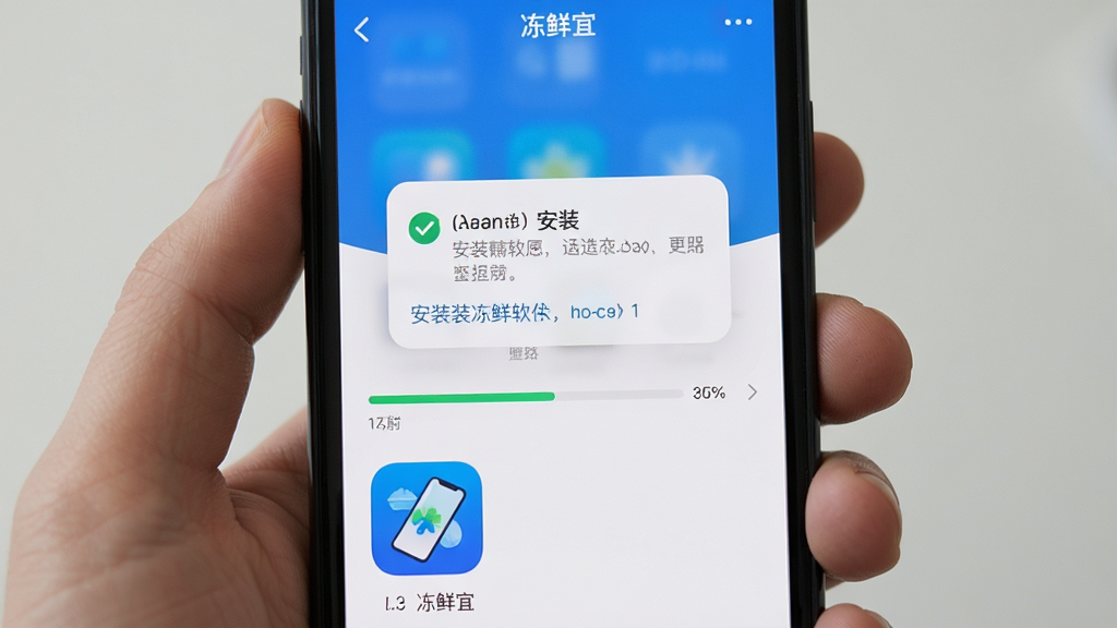 主体是手机安装冻鲜宜软件的界面展示,布局为手持手机的特写,排版居中,风格简洁教程风,细节包括安装权限提示弹窗、进度条、软件图标,画质高清,干净,无多余元素