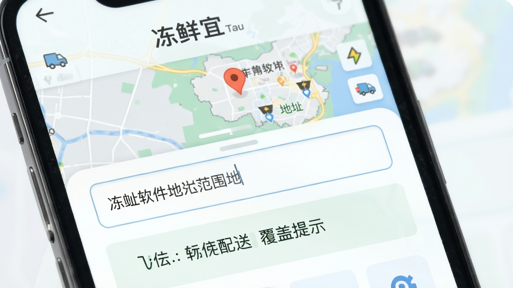 主体是冻鲜宜软件配送范围查询界面,布局为手机屏幕特写,排版上下结构,风格清新浅色系,细节包括地图标记、地址输入框、配送覆盖提示文字,画质高清,干净,无多余元素
