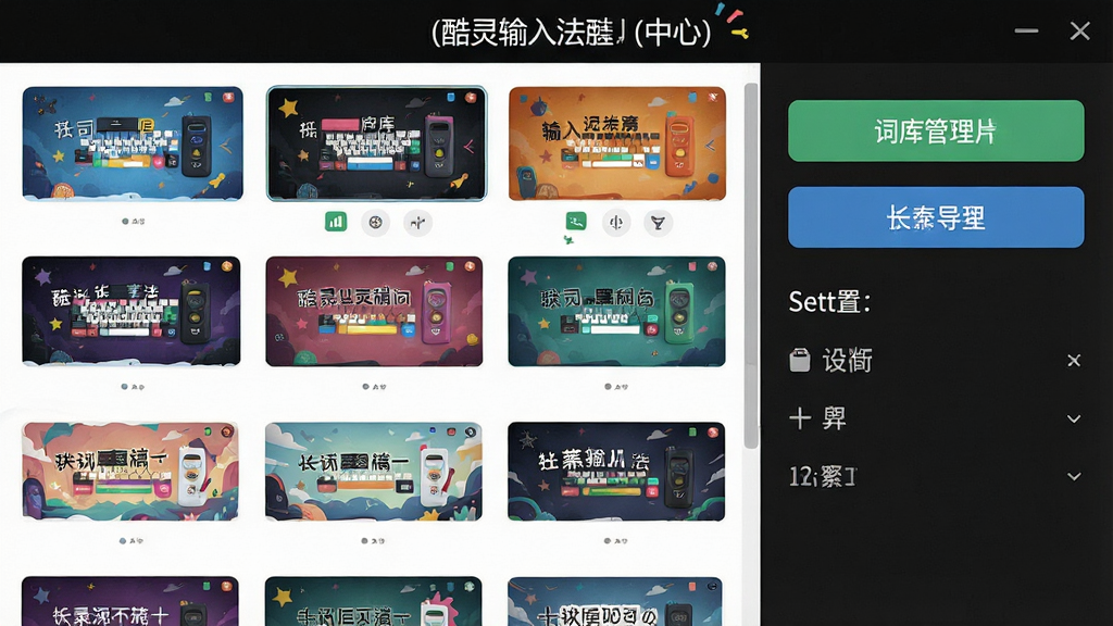 一张展示酷灵输入法皮肤中心与词库管理界面的组合图,画面左侧为多款皮肤缩略图网格排列,右侧为词库导入导出按钮与设置选项,布局采用左右分栏排版,风格活泼多彩,细节包括皮肤预览小图与功能按钮,画质清晰,干净,无多余元素