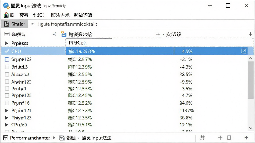 一张展示酷灵输入法在电脑任务管理器中低资源占用的示意图,画面主体为任务管理器性能面板与输入法进程条目,布局采用上下结构排版,风格专业严谨,细节包括CPU与内存占用百分比数值,画质高清,干净,无多余元素
