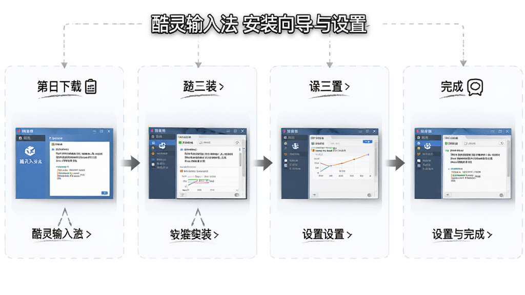 一张展示酷灵输入法安装向导与设置界面的流程示意图,画面按步骤分为下载、安装、设置、完成四个模块,布局采用横向流程图排版,风格清晰直观,细节包括每一步的界面缩略图与文字标注,画质高清,干净,无多余元素