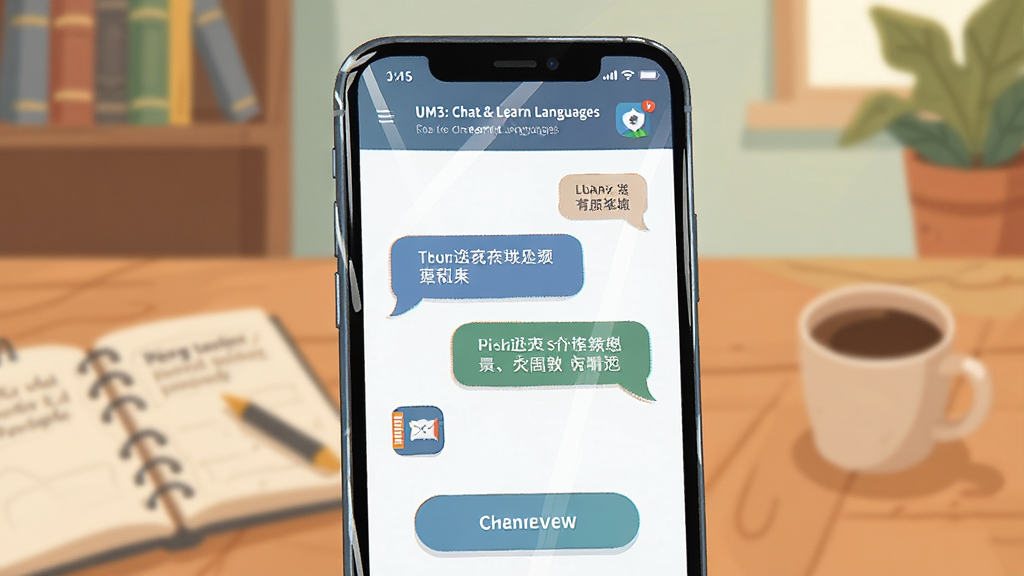 一张展示智能手机屏幕的图片,屏幕中央显示 UM3: Chat & Learn Languages 应用主界面,界面中有对话气泡和语言学习图标,背景是温馨的书房环境,桌面摆放着笔记本和咖啡杯,风格为现代扁平化插画,细节包括手机边缘的反光、界面按钮的圆角设计、对话气泡中的英文和中文文字,画质清晰干净,无多余元素