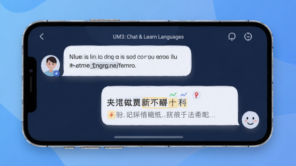 一张展示 UM3: Chat & Learn Languages 智能对话界面的图片,画面中央是手机屏幕,屏幕中显示用户与AI的对话气泡,一侧是英文提问,另一侧是中文翻译和语法提示,背景是简洁的蓝色渐变,风格为科技感UI插画,细节包括对话气泡的阴影效果、语法纠正的高亮标记,画质清晰干净,无多余元素