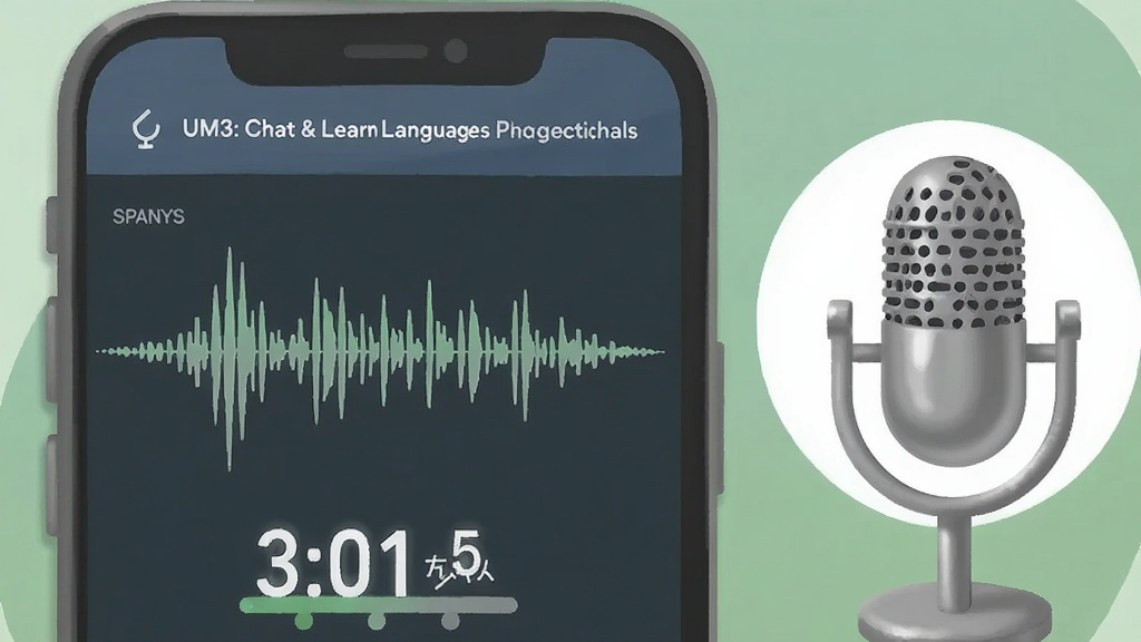 一张展示 UM3: Chat & Learn Languages 发音评测功能的图片,画面中手机屏幕显示声波波形和评分数字,旁边有麦克风图标,背景是柔和的绿色调,风格为清新扁平插画,细节包括波形的高低起伏、评分数字的清晰显示、麦克风的金属质感,画质清晰干净,无多余元素