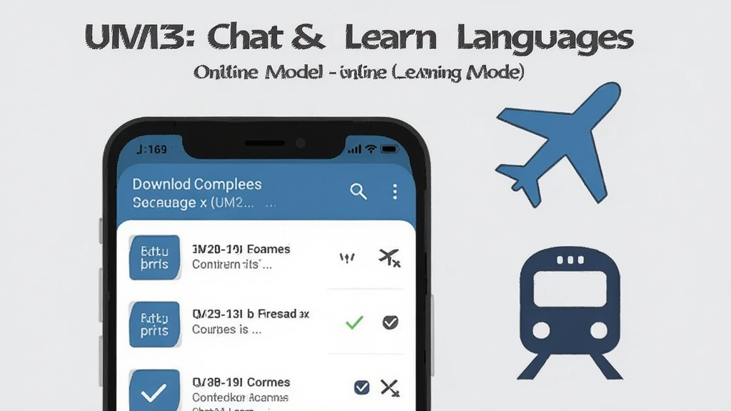 一张展示 UM3: Chat & Learn Languages 离线学习模式的图片,画面中手机屏幕显示下载完成的课程列表,旁边有飞机和地铁的图标,背景是浅灰色,风格为简约商务插画,细节包括课程列表的勾选标记、网络断开图标、手机电量的显示,画质清晰干净,无多余元素