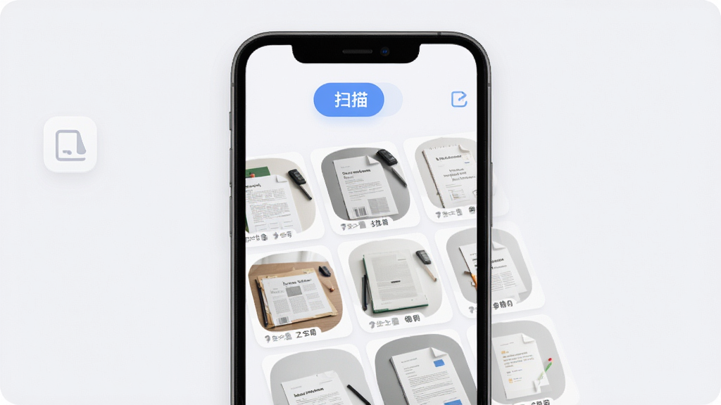 极简扫描宝软件主界面展示,手机屏幕中显示扫描完成的文档列表,页面布局简洁清爽,顶部有扫描按钮,主体区域排列多张已扫描的文档缩略图,风格为现代扁平化设计,细节包括图标圆润、文字清晰、背景为浅灰白色,画质高清,画面干净,无多余元素