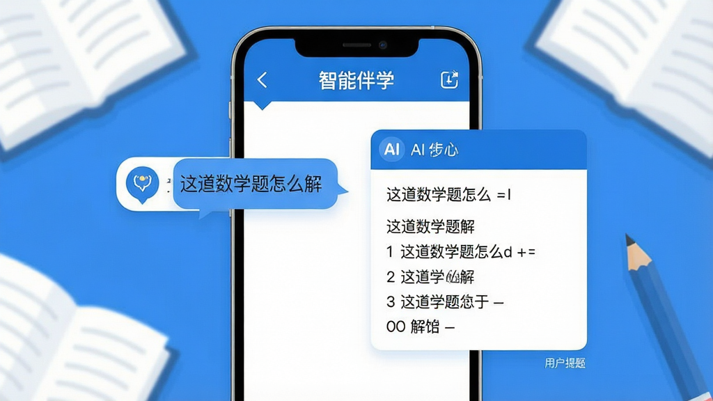 一幅展示“智能伴学”AI答疑功能的场景图,画面主体为手机屏幕特写,屏幕上显示对话式问答界面,左侧是用户提问“这道数学题怎么解”,右侧是AI回复的解题步骤。布局为手机居中放置,周围有淡淡的书本和铅笔元素点缀。风格为扁平化科技风,色彩以蓝色和白色为主,细节包括清晰的文字气泡和图标,画质干净锐利,无多余装饰