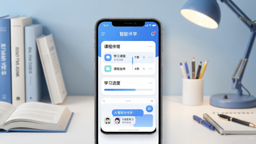 一款名为“智能伴学”的手机应用界面展示图,画面中央是一部现代智能手机,屏幕显示学习仪表盘界面,包含课程表、学习进度条和AI对话窗口。背景为整洁的书桌环境,有书本、台灯和文具。整体布局采用居中构图,风格清新简约,色彩以蓝白为主,细节包括柔和的阴影和圆角图标,画质清晰干净,无多余元素