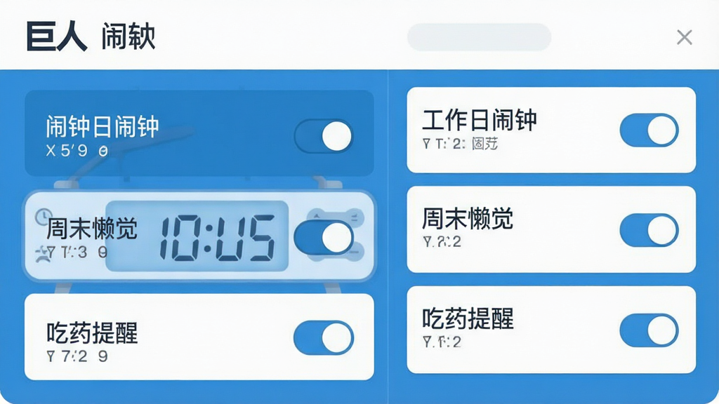 画面展示巨人电脑闹钟的多任务管理界面,左侧是闹钟列表,右侧是详细设置面板,界面中可见“工作日闹钟”“周末懒觉”“吃药提醒”等标签,每个条目旁有开关按钮,整体布局为左右分栏,风格为扁平化设计,配色以蓝白为主,画面干净,文字清晰可读,无多余装饰元素