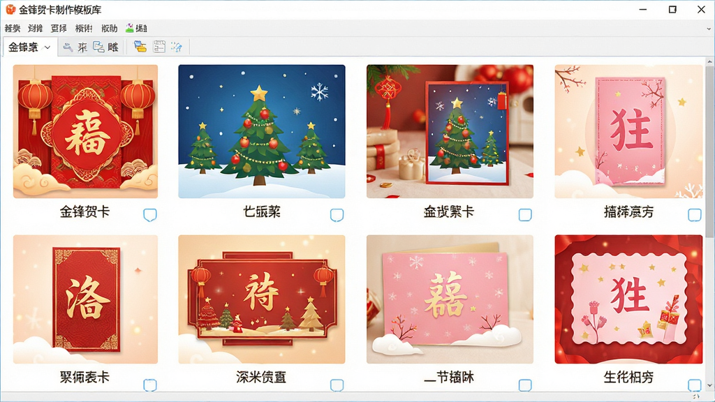 一张展示金锋贺卡制作模板库界面的预览图,画面中显示软件窗口内排列着多张不同节日主题的贺卡模板缩略图,包括红色春节贺卡、蓝色圣诞贺卡和粉色生日贺卡,每张缩略图下方有模板名称标签,整体布局为网格状,风格温馨喜庆,细节清晰,画质高清,干净,无多余元素