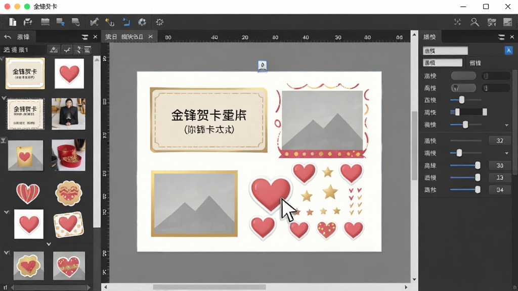 一张展示金锋贺卡制作编辑界面的预览图,画面中显示软件操作窗口内有一张正在编辑的贺卡,画布上分布着文字框、图片框和装饰贴纸,鼠标指针正拖拽一个爱心贴纸,界面左侧为素材面板,右侧为属性设置面板,整体布局合理,风格专业,细节包括按钮和滑块,画质高清,干净,无多余元素