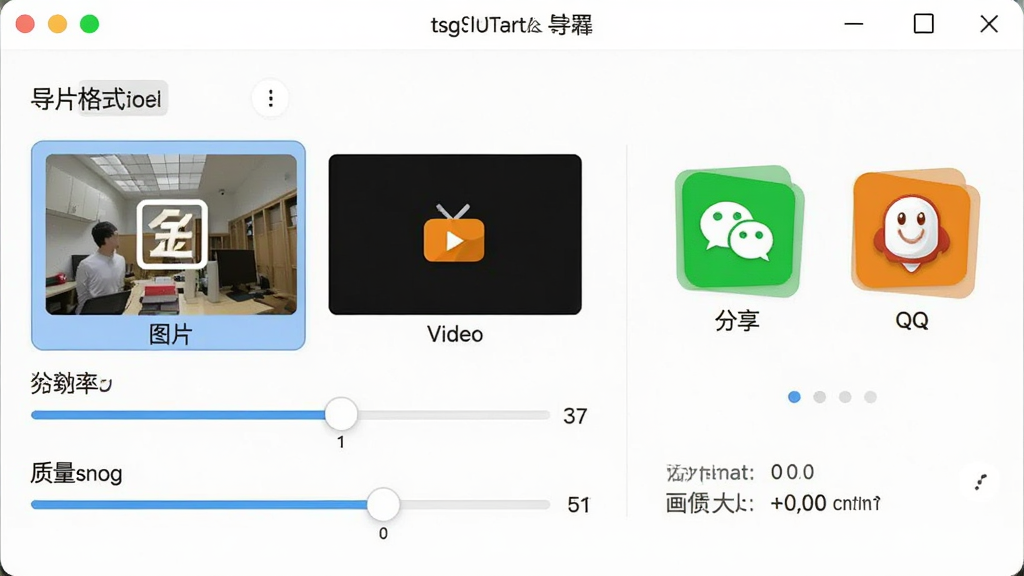 一张展示金锋贺卡制作导出设置界面的预览图,画面中显示软件窗口内有导出格式选择按钮,包括图片和视频两个选项,下方有分辨率与质量滑块,右侧有分享到微信和QQ的图标按钮,整体布局简洁,风格现代,细节包括文件大小预估显示,画质高清,干净,无多余元素