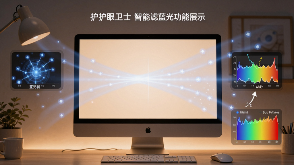 护眼卫士智能滤蓝光功能展示,主体为电脑屏幕发出柔和光线的场景,布局为屏幕居中、周围有蓝光被过滤的视觉特效,排版简洁,风格为科技感与温馨感结合,细节包含蓝光过滤前后的对比效果、光谱示意图,画质高清,画面干净,无多余元素