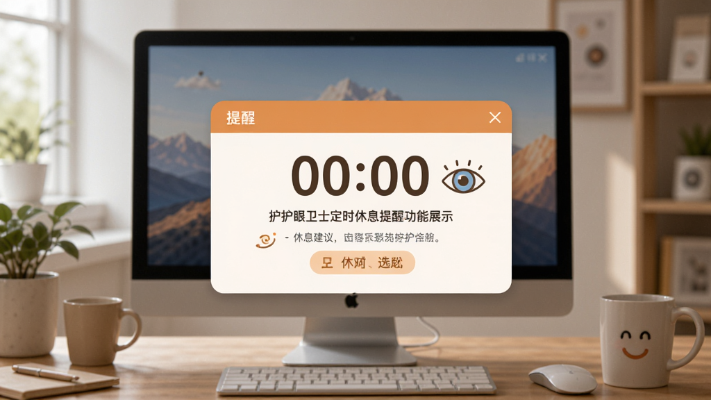 护眼卫士定时休息提醒功能展示,主体为电脑屏幕弹出温馨提醒窗口,布局为提醒窗口居中、背景为工作场景,排版简洁,风格为温馨友好,细节包含倒计时数字、休息建议文字、远眺图标,画质高清,画面干净,无多余元素
