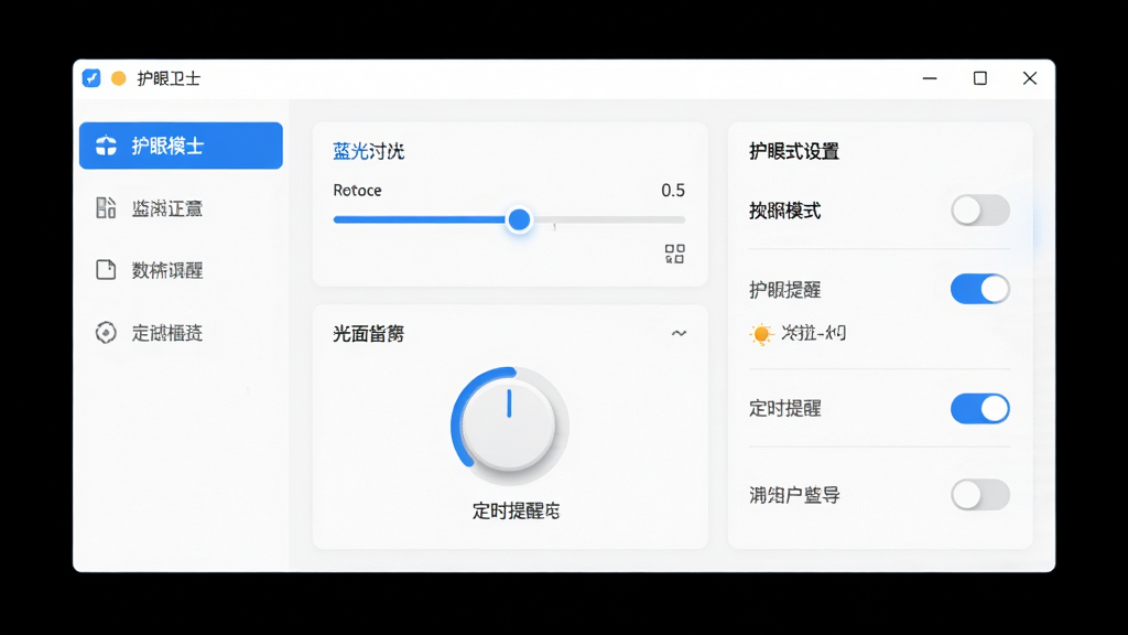 护眼卫士软件界面主窗口展示,主体为居中显示的软件主界面,布局包含左侧功能菜单栏和右侧护眼模式设置面板,排版清晰规整,风格为现代简约科技风,细节包含蓝光过滤滑块、亮度调节旋钮、定时提醒开关等控件,画质高清,画面干净,无多余元素