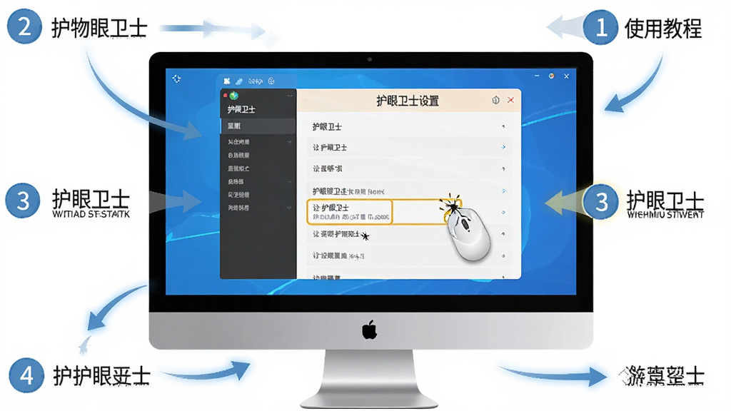 护眼卫士使用教程示意图,主体为电脑屏幕显示护眼卫士设置界面,布局为界面截图居中、周围有操作步骤标注箭头,排版清晰,风格为教程图解风,细节包含鼠标点击位置、设置选项高亮、步骤数字标识,画质高清,画面干净,无多余元素
