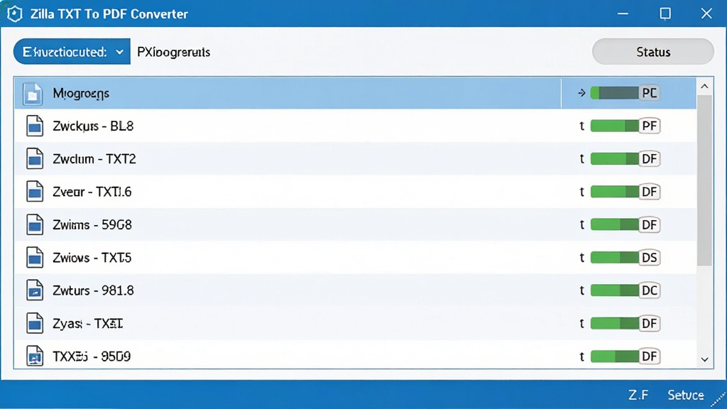 Zilla TXT To PDF Converter软件界面中展示批量导入多个TXT文件后同时转换为PDF的进度画面,文件名列表清晰排列,转换状态一目了然,整体配色以蓝白为主,画面干净整洁,画质高清