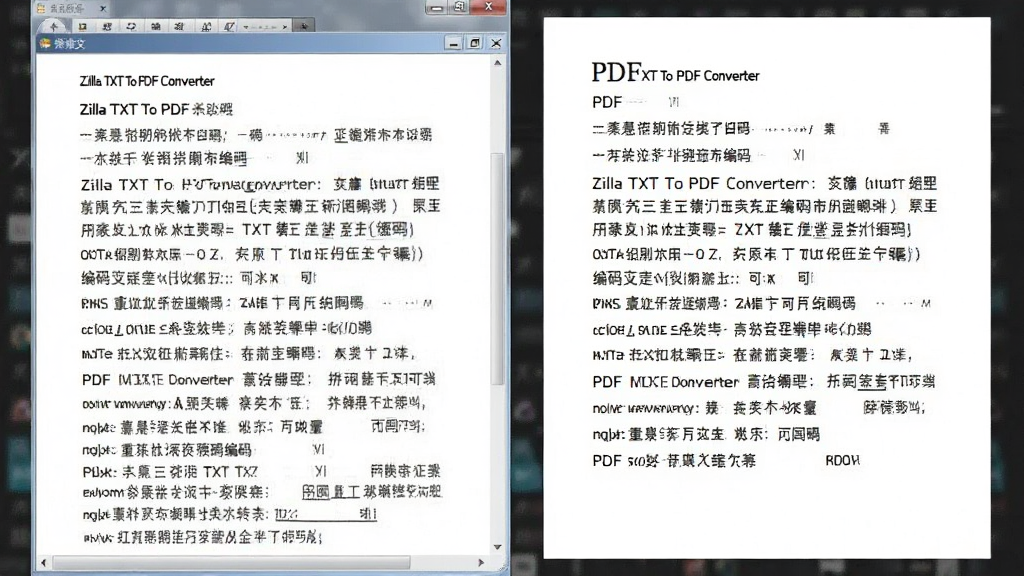 Zilla TXT To PDF Converter转换过程中正确识别中文编码并输出清晰PDF文档的对比画面,左侧TXT原文,右侧PDF效果,文字显示完整无乱码,界面清爽,画质锐利