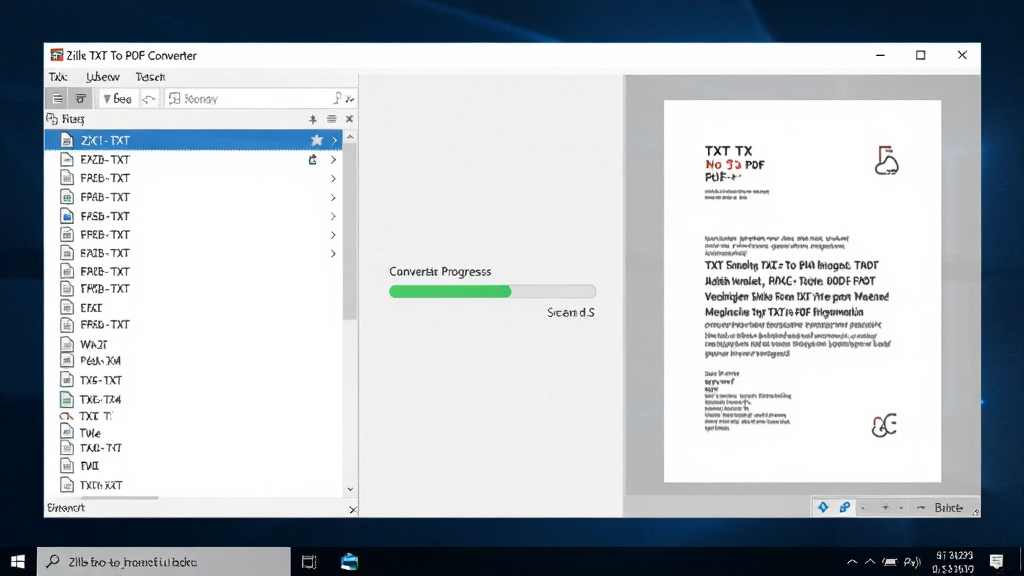 一台简洁的Windows电脑桌面上打开着Zilla TXT To PDF Converter软件界面,左侧显示TXT文件列表,右侧展示PDF预览效果,中间有转换进度条,界面干净整洁,整体风格商务简约,画质清晰,无多余元素