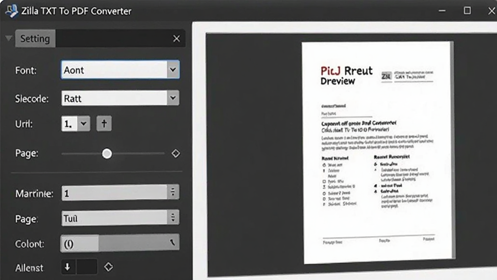 Zilla TXT To PDF Converter的页面设置面板特写,显示字体选择、字号调节、页边距设置等选项,旁边有实时预览的PDF效果,界面布局清晰,风格简洁专业,画质细腻,无杂乱元素
