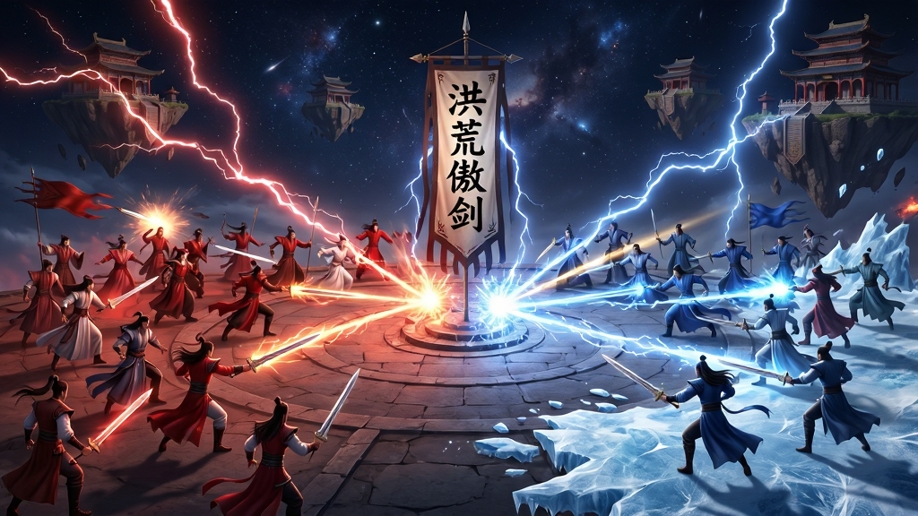一幅跨服宗门争霸赛的激烈战斗场景,画面中数十名修仙者分成红蓝两方在巨大的浮空平台上交战,技能特效绚丽夺目,有剑气纵横、雷光闪烁、冰霜蔓延,画面中央矗立着一面刻有“洪荒傲剑”字样的战旗,背景为浩瀚星空与漂浮的宫殿群,整体风格为史诗级玄幻战争CG,画质超清,构图饱满,干净无杂乱元素