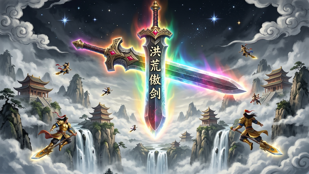 一幅宏大壮观的洪荒仙侠世界全景图,画面中央悬浮着一把散发七彩光芒的巨剑,剑身刻有“洪荒傲剑”四个古朴大字,周围环绕着云雾缭绕的仙山琼阁与飞瀑流泉,远处有身披金甲的修士御剑飞行,画面布局采用三分法构图,巨剑位于视觉中心偏上位置,四周点缀星辰与祥云,整体风格为中国传统水墨与玄幻CG结合,细节丰富,画质超清,干净利落,无多余杂乱元素