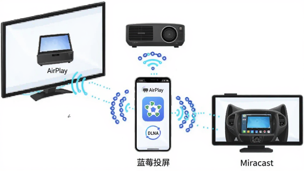 软件名称“蓝莓投屏”,画面主体为一部手机同时向电视、投影仪和车机三块屏幕发送投屏信号,布局采用三角形构图,手机居中,三块屏幕环绕分布,排版清晰有序,风格为简约科技风矢量图,细节包括各设备图标下方标注AirPlay、DLNA、Miracast字样,蓝莓色信号线条连接,画质干净明亮,无多余元素