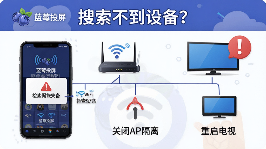 软件名称“蓝莓投屏”,画面主体为一部手机屏幕显示投屏失败提示框,旁边有路由器、电视和感叹号图标,布局采用问题排查流程图样式,顶部为“搜索不到设备?”标题,下方分三条支线分别指向“检查同一WiFi”“关闭AP隔离”“重启电视”,排版清晰直观,风格为信息图表插画,细节包括蓝莓投屏Logo、WiFi信号图标、红色警示三角,画质干净整洁,无多余元素