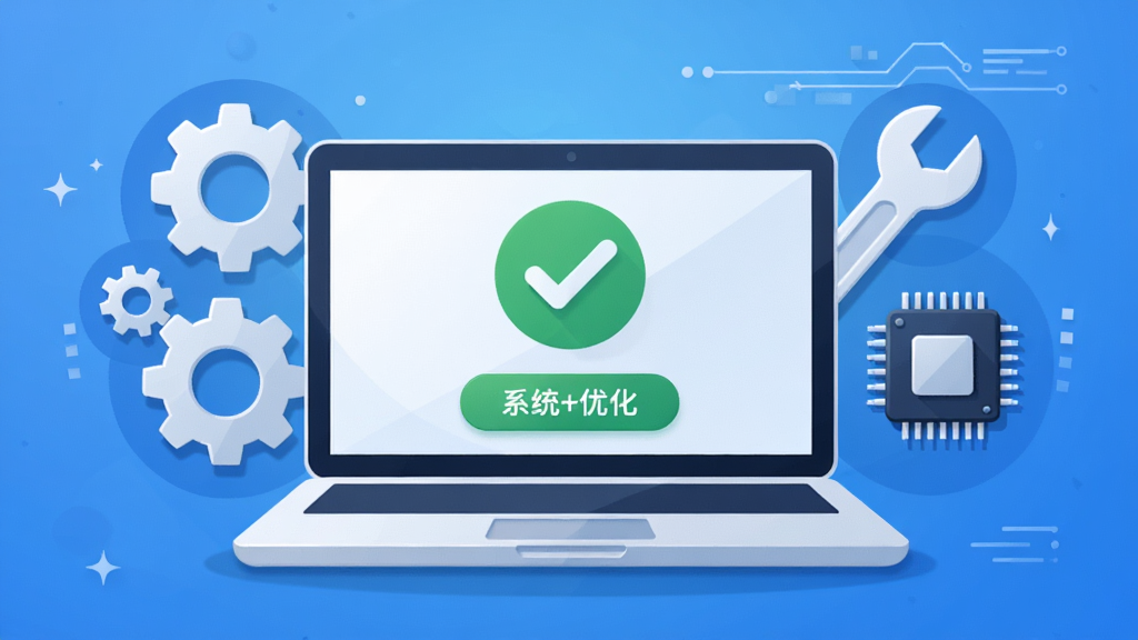 电脑维修助手软件主界面,一台笔记本电脑屏幕显示绿色健康检测图标和系统优化按钮,周围环绕着齿轮、扳手、驱动芯片等工具元素,布局居中对称,排版干净整洁,风格为扁平化科技插画,细节包括渐变蓝色背景和柔和阴影,画质高清,干净,无多余元素