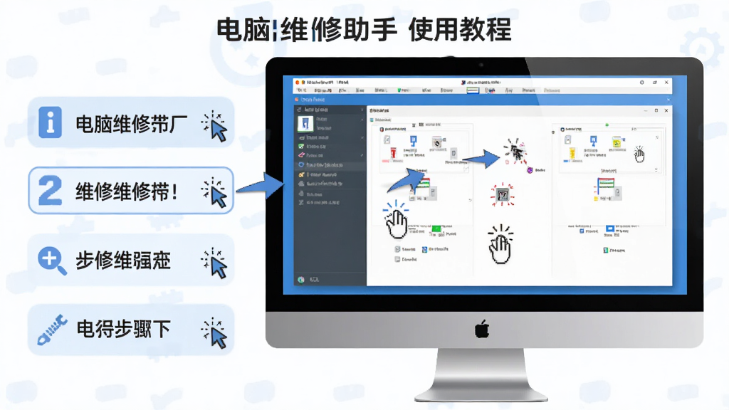 电脑维修助手使用教程示意图,主体为电脑屏幕显示软件操作步骤,布局左侧为步骤列表,右侧为对应截图,排版为教程风格,细节包括鼠标点击图标和箭头指示,画质高清,干净,无多余元素