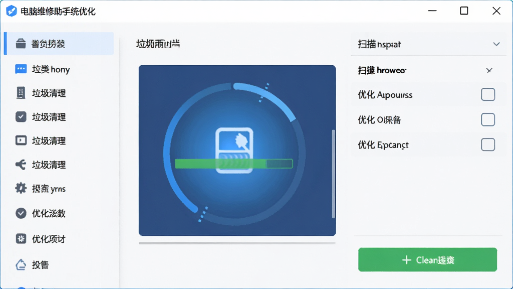 电脑维修助手系统优化界面,主体为软件窗口显示垃圾清理进度和优化选项,布局左侧为分类菜单,右侧为扫描结果,排版直观,风格为清爽浅色系,细节包括蓝色扫描动画和绿色清理按钮,画质高清,干净,无多余元素