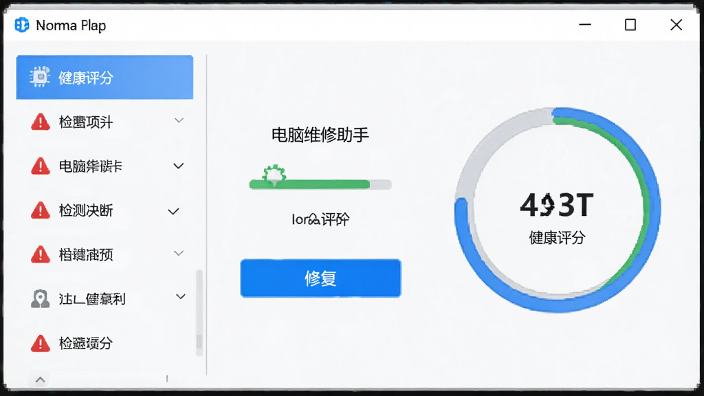 电脑维修助手一键诊断界面,主体为软件窗口显示健康评分和修复按钮,布局左侧为检测项目列表,右侧为圆形进度条,排版清晰,风格为现代简约科技风,细节包括蓝色高亮按钮和红色警告图标,画质高清,干净,无多余元素