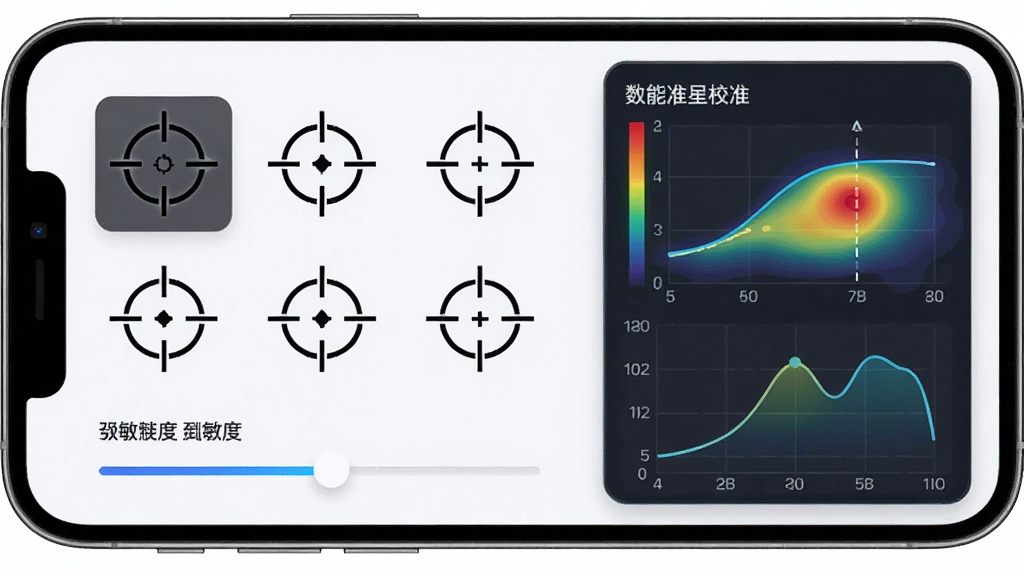 一张展示瞄准就射智能准星校准功能的界面图,画面主体为手机屏幕显示多个准星样式选项和灵敏度滑动条,旁边有热力图数据面板,布局为左右分栏,排版整齐,风格为现代科技感,细节包含准星图标和曲线图,画质高清,干净无多余元素