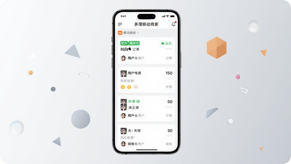 一部手机竖屏展示小米移动商家版订单管理页面,页面上排列整齐的订单卡片,每张卡片带有状态标签和用户信息。背景为柔和浅灰渐变,手机旁点缀几个简约几何图形。整体风格清新商务,布局居中对称,细节清晰,画质干净,无多余元素。