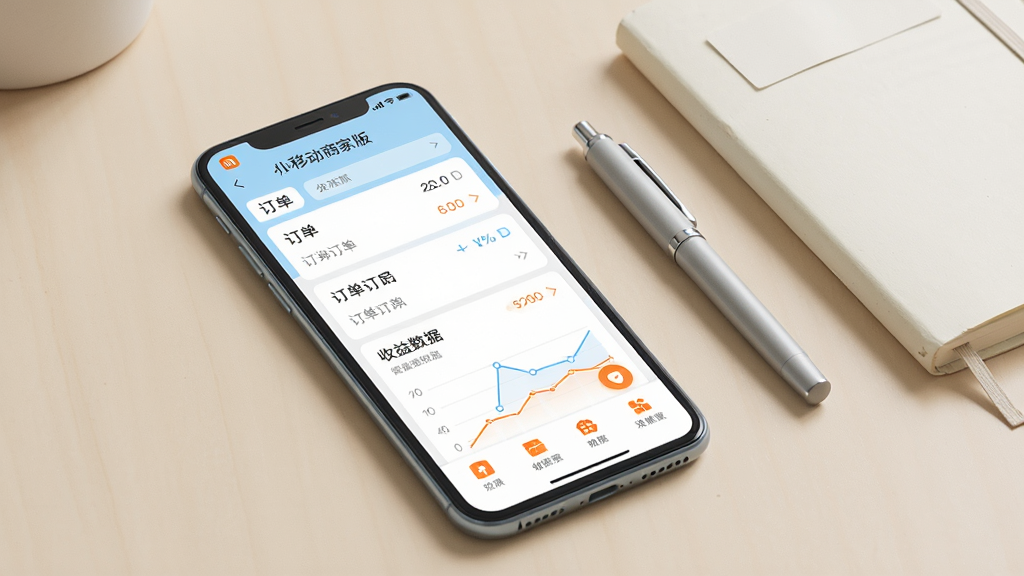 画面主体是一部智能手机,屏幕上清晰展示小米移动商家版应用界面,界面中包含订单列表、收益数据图表与功能图标。手机放置在干净浅色桌面上,旁边有一支笔和一本简约笔记本。整体采用扁平化UI风格,排版疏朗有序,色彩以白色、浅蓝色与橙色点缀为主,细节干净利落,画质清晰明亮,无多余杂乱元素。