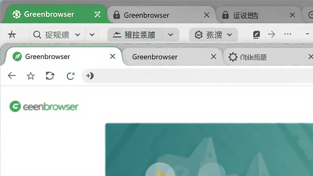 画面主体为Greenbrowser(绿色浏览器)的多标签管理界面,多个标签页整齐排列在顶部,布局为上下结构,上方为标签栏,下方为网页内容区,风格为扁平化办公风,细节包括绿色高亮标签、锁定图标、分组标签,画质为高清、干净、无多余元素