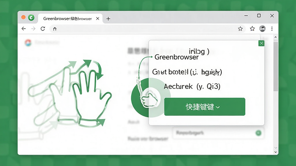 画面展示Greenbrowser(绿色浏览器)的鼠标手势轨迹与快捷键提示浮层,主体为浏览器窗口,布局为居中构图,风格为简洁教程风,细节包括手势箭头、快捷键文字、绿色主题按钮,画质为高清、干净、无多余元素