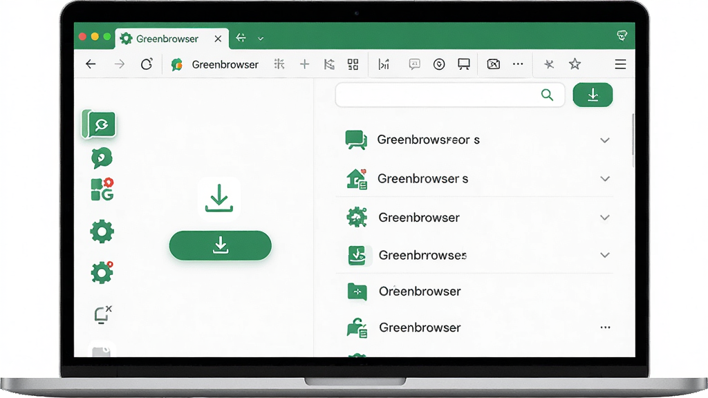 画面中央展示一台打开的笔记本电脑,屏幕上呈现Greenbrowser(绿色浏览器)的简洁多标签界面,主体位于画面正中,布局采用左右分栏,左侧为浏览器图标与下载按钮,右侧为功能亮点列表,排版整齐,风格为现代科技简约风,细节包括绿色主色调、标签页、搜索框、下载箭头图标,画质为高清4K、干净、无多余元素