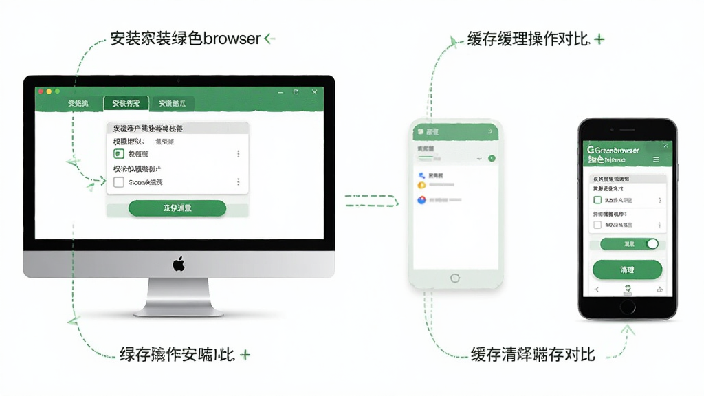 画面展示Greenbrowser(绿色浏览器)在电脑与手机双端的操作对比示意图,主体为两台设备并排,布局为左右对称,风格为清新教程风,细节包括安装路径选择、权限开关、缓存清理按钮,画质为高清、干净、无多余元素