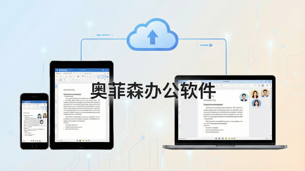 一张展示奥菲森办公软件云端协作功能的图片,画面中显示多设备同步示意图,手机、平板、笔记本电脑通过云图标连接,屏幕上显示共享文档与协作头像,背景为科技感浅色渐变,软件名称“奥菲森办公软件”出现在画面中央,风格现代简洁,画质清晰,无多余元素