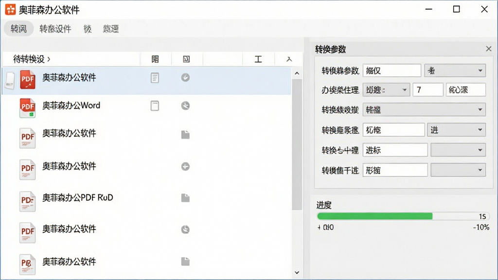 一张展示奥菲森办公软件PDF转换功能的图片,画面中显示PDF转Word的操作界面,左侧是待转换文件列表,右侧是转换参数设置与进度条,界面以白色和浅灰色为主,软件名称“奥菲森办公软件”出现在标题栏,整体风格简洁高效,画质清晰,无多余元素