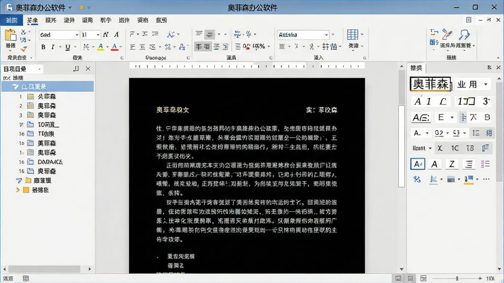 一张展示奥菲森办公软件文字编辑界面的图片,画面中打开一份正在编辑的文档,左侧是导航目录,中间是文字内容区域,右侧是样式与格式面板,顶部工具栏显示字体、段落、插入等选项,界面风格简洁商务,软件名称“奥菲森办公软件”出现在窗口标题栏,画质清晰,布局干净,无多余装饰