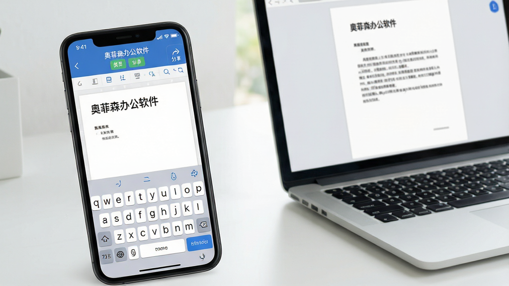 一张展示奥菲森办公软件在手机上运行的图片,画面中手机屏幕显示文档编辑界面,底部有浮动键盘,顶部有保存与分享按钮,旁边有一台笔记本电脑同步显示相同文档,背景为简洁桌面,软件名称“奥菲森办公软件”出现在手机屏幕顶部,风格清新,画质清晰,无多余元素