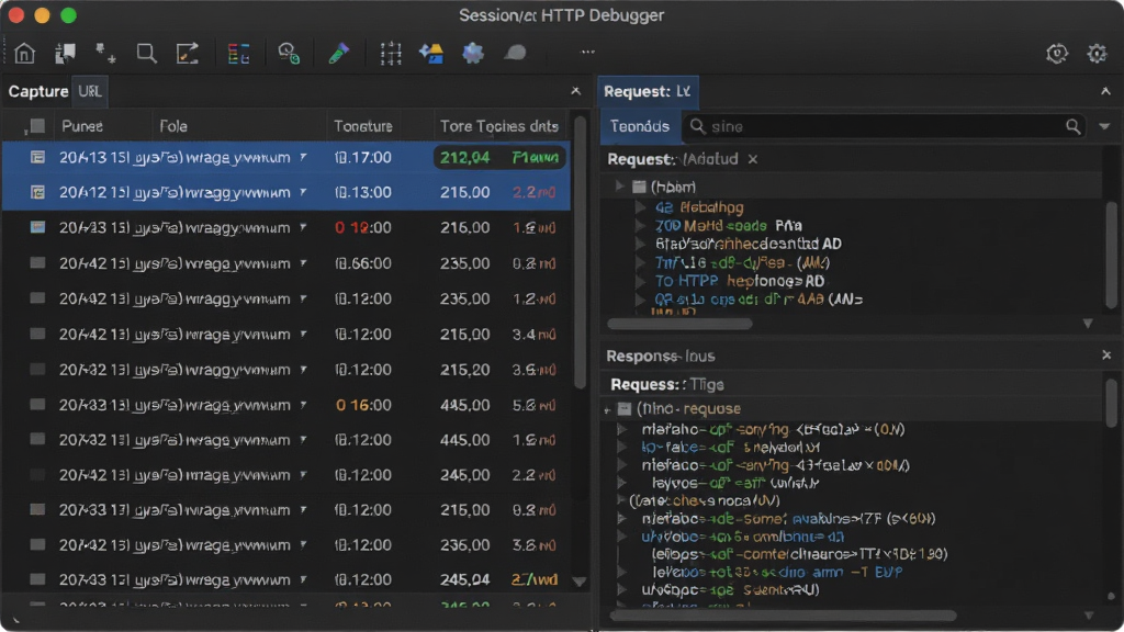 软件主界面展示 HTTP Debugger 的会话列表与请求详情面板,主体为居中布局的软件窗口,左侧显示捕获的 URL 会话列表,右侧展示请求头与响应内容,顶部工具栏清晰可见,整体排版整洁,风格为现代科技感深色主题,细节包含高亮选中的请求行、状态码颜色区分、时间戳与数据大小标注,画质清晰干净,无多余元素