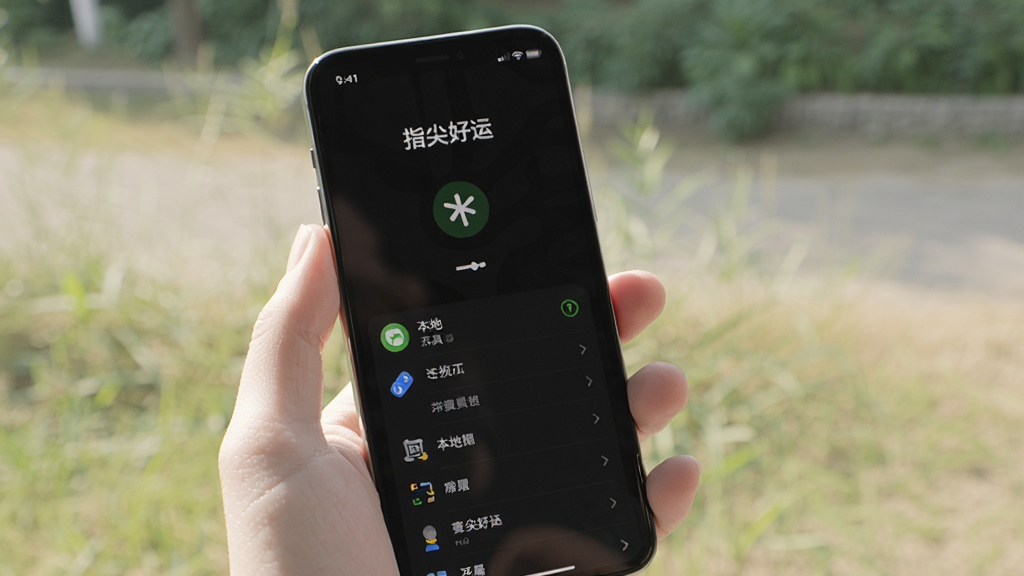 一只手拿着手机,屏幕显示“指尖好运”的离线模式界面,有飞行模式图标和本地工具列表,背景是户外自然光下的模糊景色,手机屏幕清晰明亮,画质干净,无多余元素