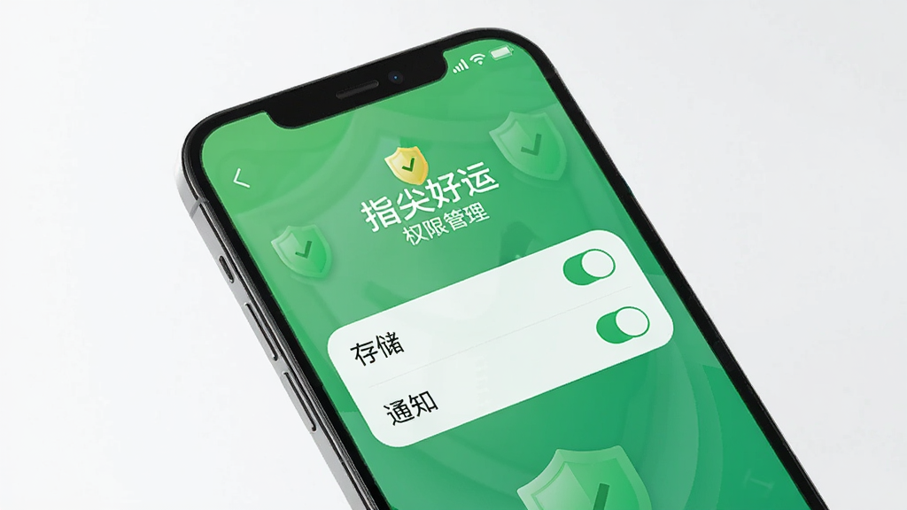 手机屏幕显示“指尖好运”的权限管理界面,只有存储和通知两个权限项,界面采用绿色安全色调,有盾牌图标点缀,背景简洁,画质清晰,干净无多余元素