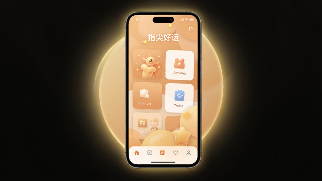 一张展示智能手机屏幕的图片,屏幕上显示着“指尖好运”应用的主界面,界面采用暖色调设计,有卡片式功能入口和底部导航栏,背景是柔和的浅橙色渐变,手机周围有淡淡的金色光晕,整体风格简洁明快,画质清晰,干净无多余元素