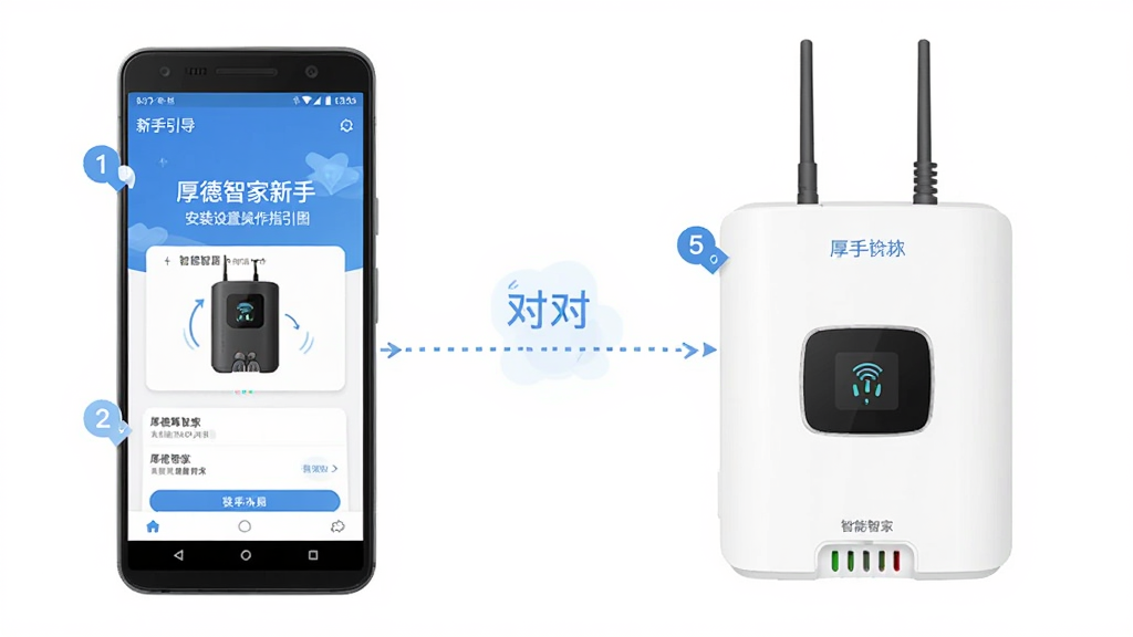 厚德智家新手安装设置操作指引图,主体为一部安卓手机与一个智能网关设备并排摆放,手机屏幕显示厚德智家应用的新手引导页面,布局为手机与网关之间用虚线连接示意配对,风格为简洁教程插画风,细节上画面中有步骤数字小标签,背景为纯白,画质干净,无多余元素