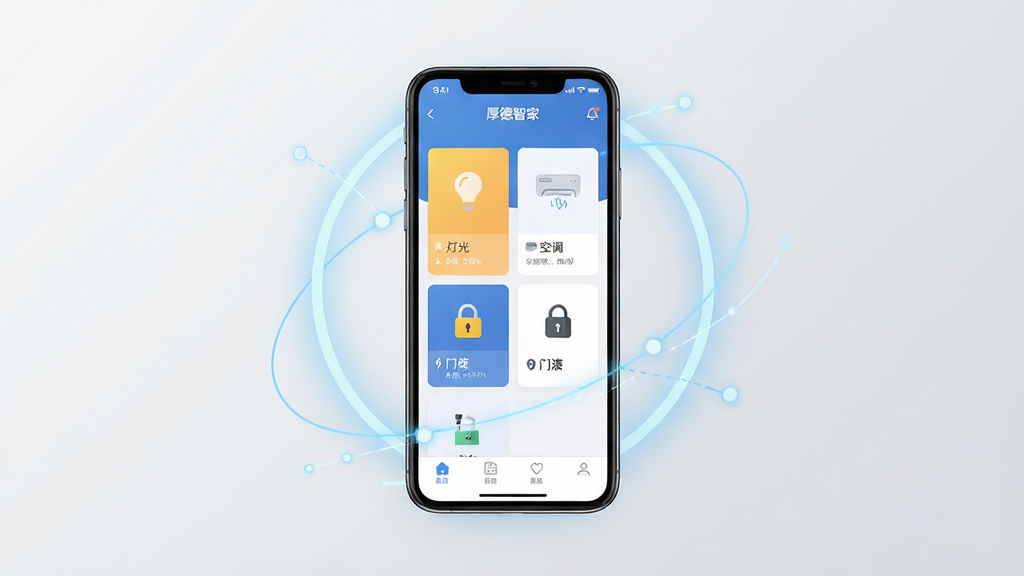厚德智家智能家居应用界面展示,主体为一部智能手机悬浮在画面中央,屏幕显示厚德智家APP的设备管理主界面,包含灯光、空调、门锁等设备卡片,布局采用上下分区排版,风格为现代科技感扁平设计,细节上手机周围环绕淡蓝色光晕与连接线条,背景为简洁的浅灰渐变,画质清晰,干净,无多余元素